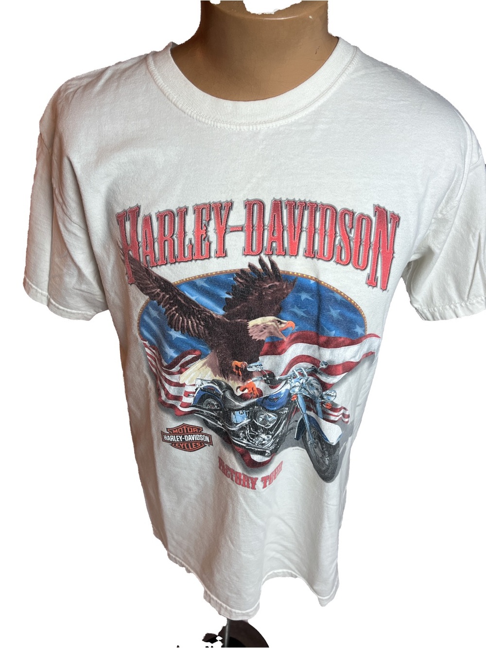 Harley-Davidson White Tee with Red Logo, Blue Flag & Eagle Graphic